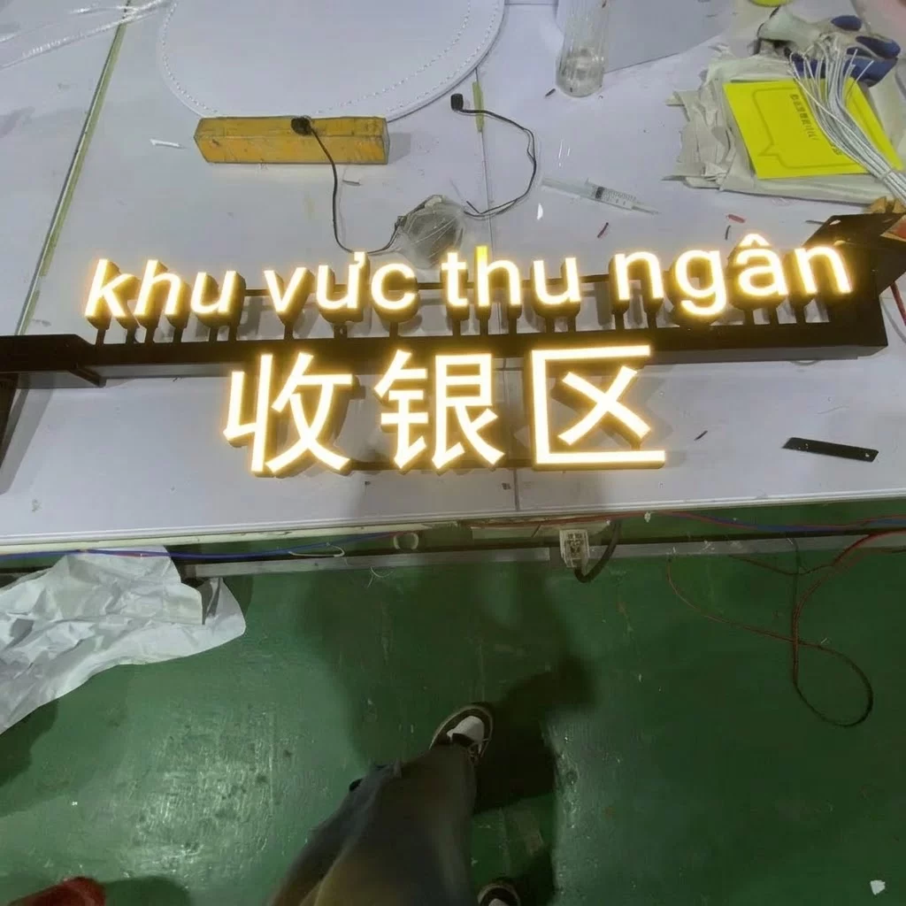 suspended front-lit LED mini letters ceiling rod mounted bilingual cashier sign