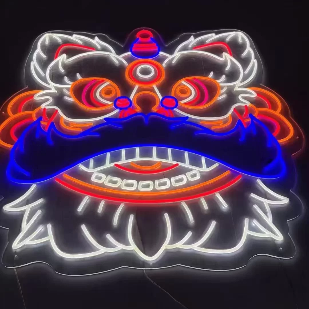 Custom neon sign with backboard — LED flex lion design on black acrylic panel with backlit halo, Hongbo Signage production floor